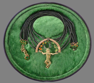 green man pendant tourmaline, 18ct gold, enamel